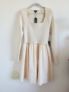 NWT Express CreamSquare Neck Ribbed Poplin Fit and Flare Dress